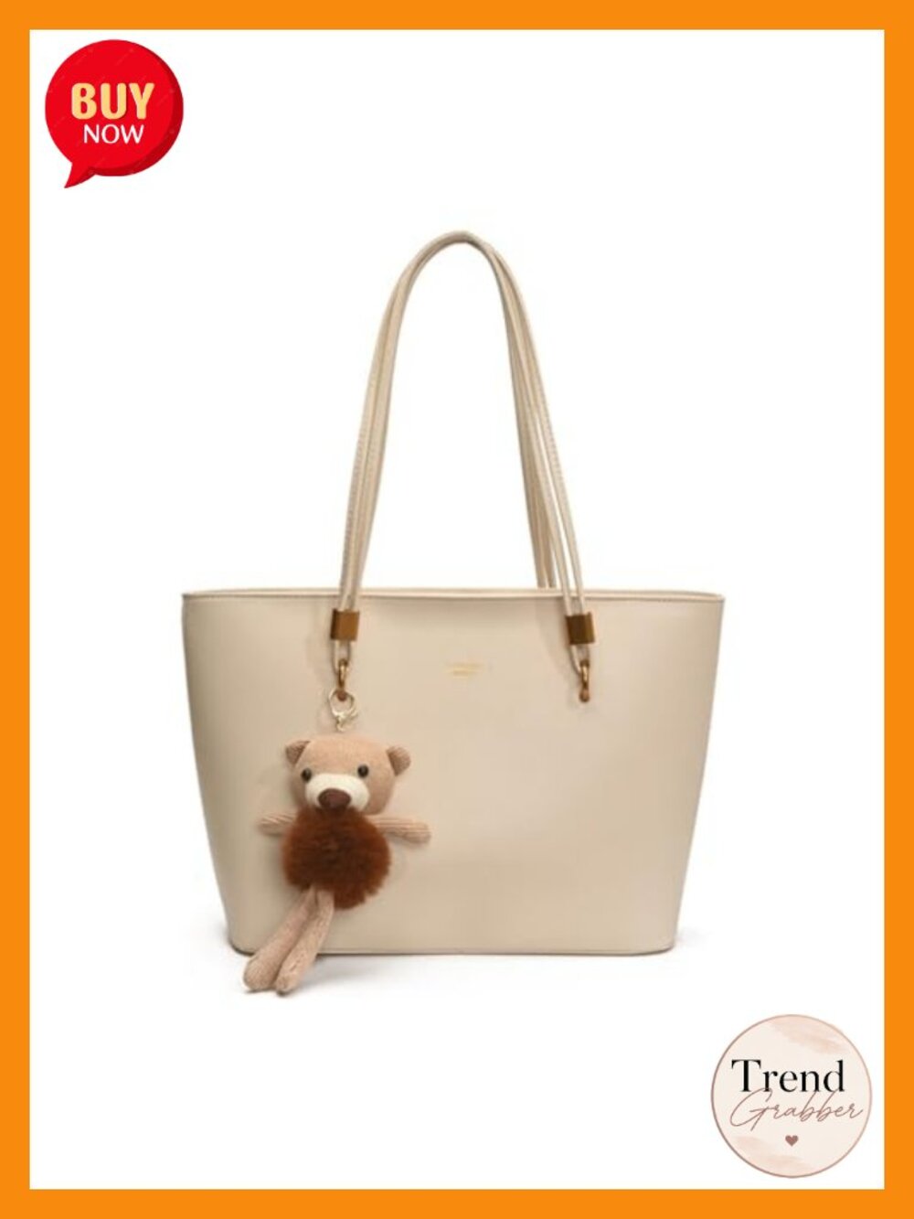 PU Leather Tote Handbag Shoulder Bag with Bear Charm Large Capacity Briefcase